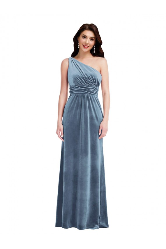 Long Sleeveless Stretch Velvet Dusty Blue A-Line Prom Dress Canada Online