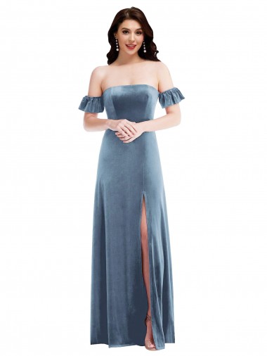 Long Ruffle Sleeves Stretch Velvet Dusty Blue A-Line Prom Dress Canada Online