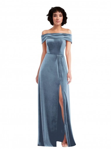 Long Sleeveless Stretch Velvet Dusty Blue Off the Shoulder A-Line Prom Dress Canada Online