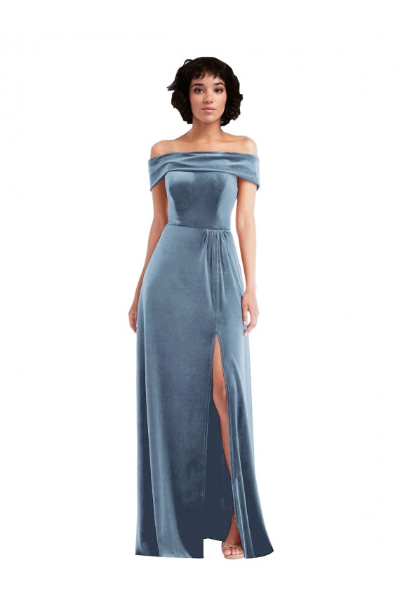 Long Sleeveless Stretch Velvet Dusty Blue Off the Shoulder A-Line Prom Dress Canada Online