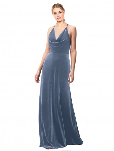 Long Sleeveless Stretch Velvet Dusty Blue Spaghetti Straps A-Line Prom Dress Canada Online