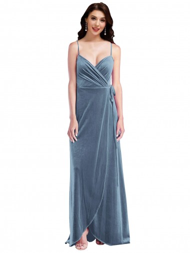 Long Sleeveless Stretch Velvet Dusty Blue A-Line Low Back Prom Dress Canada Online