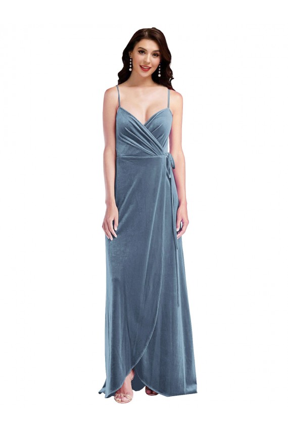 Long Sleeveless Stretch Velvet Dusty Blue A-Line Low Back Prom Dress Canada Online