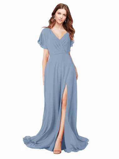 Long Cap Sleeves Soft Chiffon Dusty Blue A-Line Black Tie Prom Dress Canada Online