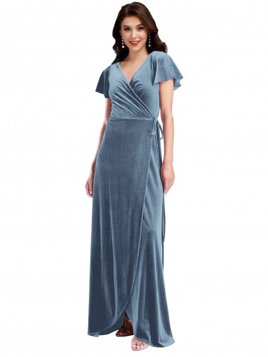 Long Flutter Sleeves Stretch Velvet Dusty Blue A-Line Black Tie Prom Dress Canada Online
