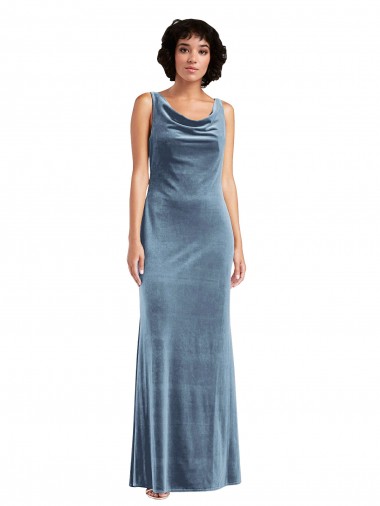 Long Sleeveless Stretch Velvet Dusty Blue Sheath Prom Dress Canada Online