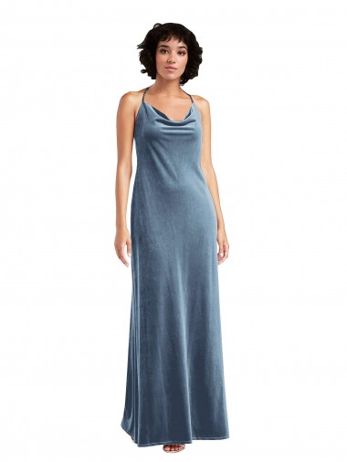 Long Sleeveless Stretch Velvet Dusty Blue Sheath V-Back Prom Dress Canada Online