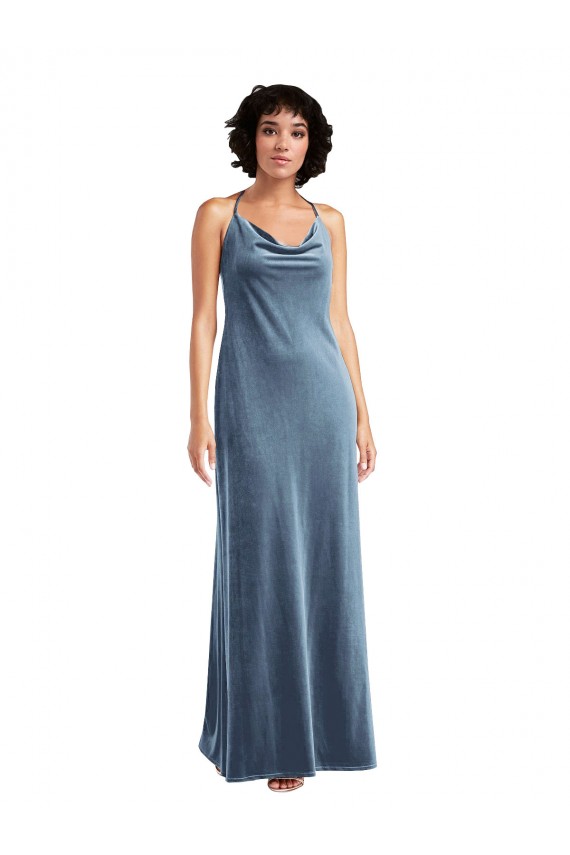 Long Sleeveless Stretch Velvet Dusty Blue Sheath V-Back Prom Dress Canada Online