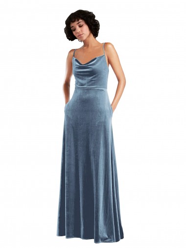 Long Sleeveless Stretch Velvet Dusty Blue Cowl Neck Sheath Prom Dress Canada Online