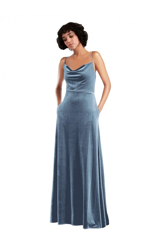 Long Sleeveless Stretch Velvet Dusty Blue Cowl Neck Sheath Prom Dress Canada Online