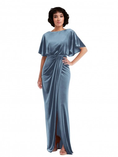 Long Flutter Sleeves Stretch Velvet Dusty Blue Sheath Prom Dress Canada Online