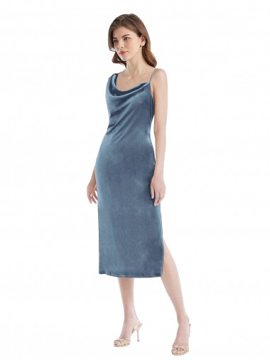 Long Sleeveless Stretch Velvet Dusty Blue Sheath One Shoulder Prom Dress Canada Online