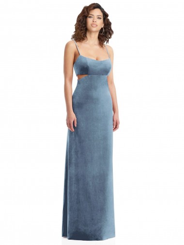 Long Sleeveless Stretch Velvet Dusty Blue Square Neck Sheath Prom Dress Canada Online