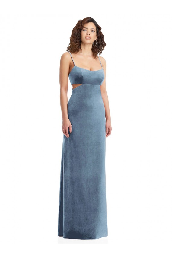 Long Sleeveless Stretch Velvet Dusty Blue Square Neck Sheath Prom Dress Canada Online