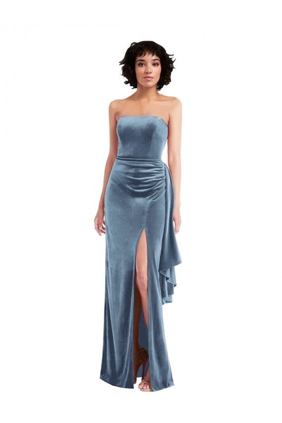 Long Sleeveless Stretch Velvet Dusty Blue Sheath Low Back Prom Dress Canada Online