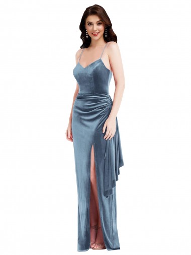 Long Sleeveless Stretch Velvet Dusty Blue Trumpet Prom Dress Canada Online