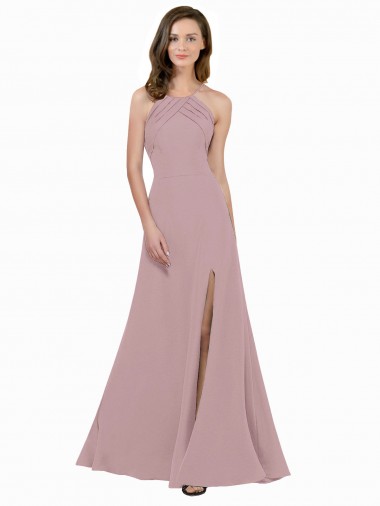 Long Sleeveless Stretch Crepe Dusty Pink A-Line Keyhole Back Prom Dress Canada Online