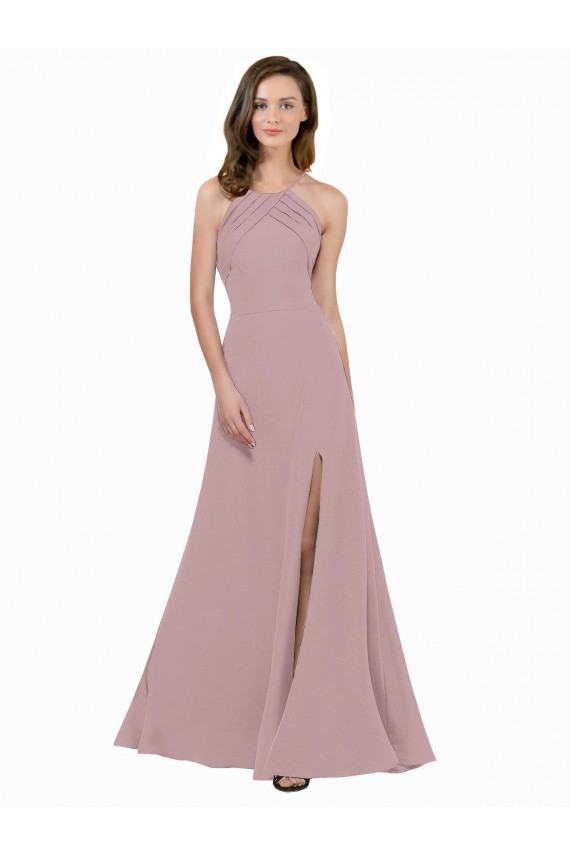 Long Sleeveless Stretch Crepe Dusty Pink A-Line Keyhole Back Prom Dress Canada Online
