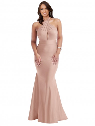 Long Sleeveless Silky Satin Dusty Pink Halter Neck Mermaid Plus Size Formal Prom Dress Canada Online