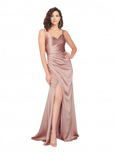Long Sleeveless Silky Satin Dusty Pink Sheath Black Tie Prom Dress Canada Online