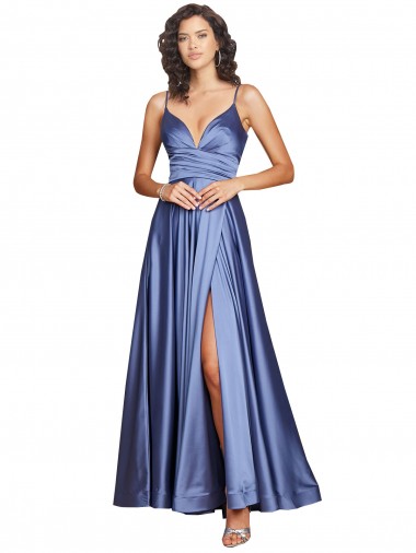 Long Sleeveless Silky Satin French Blue A-Line Black Tie Prom Dress Canada Online