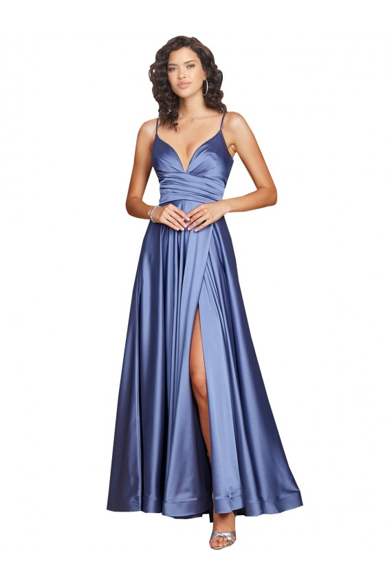 Long Sleeveless Silky Satin French Blue A-Line Black Tie Prom Dress Canada Online