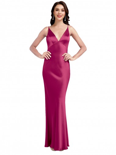 Long Sleeveless Stretch Satin Fuchsia A-Line Low Back Prom Dress Canada Online
