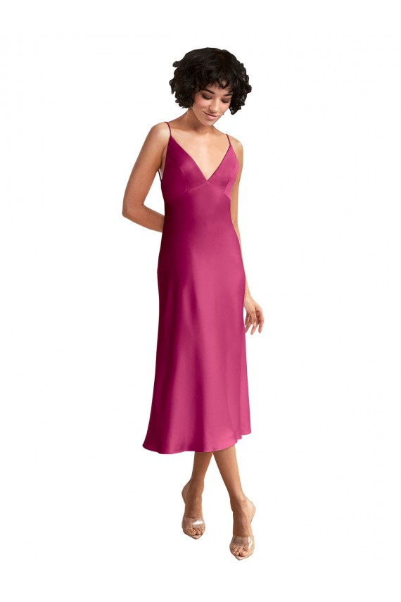 Midi Length Sleeveless Stretch Satin Fuchsia A-Line Prom Dress Canada Online