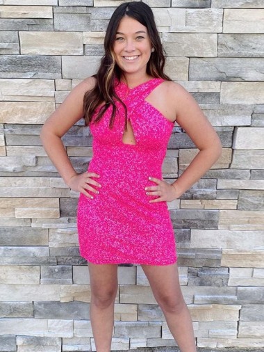 Short Sleeveless Velvet Sequin Fuchsia Sheath Homecoming Dress Canada Online