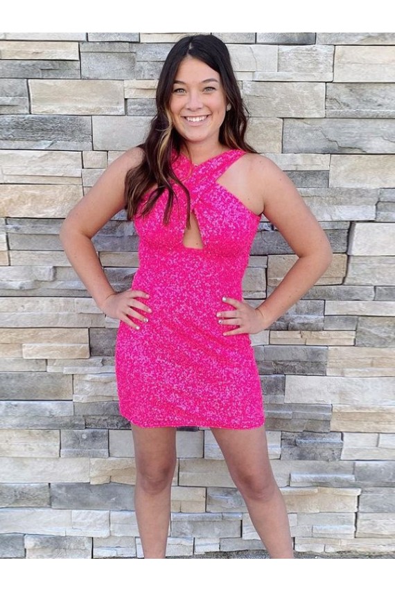 Short Sleeveless Velvet Sequin Fuchsia Sheath Homecoming Dress Canada Online