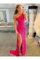 Sweep Train Sleeveless Velvet Sequin Fuchsia Sheath One Shoulder Prom Dress Canada Online