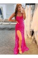 Sweep Train Sleeveless Velvet Sequin Fuchsia Sheath Evening Prom Dress Canada Online