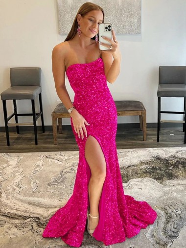 Sweep Train Sleeveless Velvet Sequin Fuchsia Sheath Prom Dress Canada Online