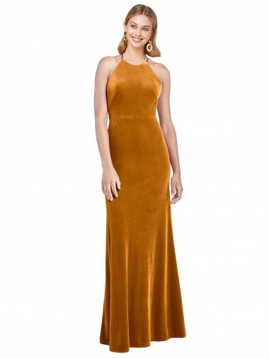 Long Sleeveless Stretch Velvet Gold A-Line Open Back Prom Dress Canada Online