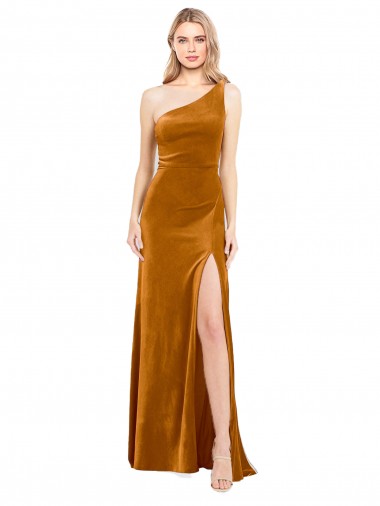 Long Sleeveless Stretch Velvet Gold One Shoulder A-Line Prom Dress Canada Online