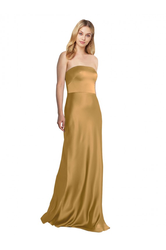 Long Sleeveless Stretch Satin Gold Strapless A-Line Prom Dress Canada Online
