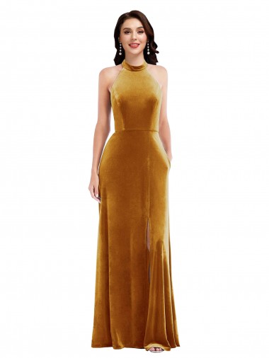 Long Sleeveless Stretch Velvet Gold Halter Neck Trumpet Prom Dress Canada Online