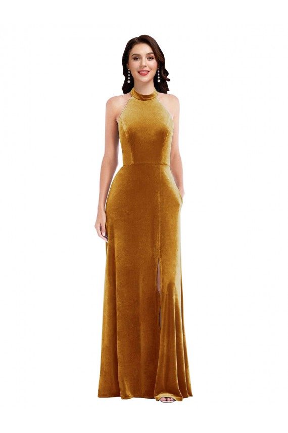 Long Sleeveless Stretch Velvet Gold Halter Neck Trumpet Prom Dress Canada Online