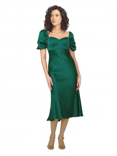Midi Length Short Sleeves Silky Satin Hunter A-Line Prom Dress Canada Online