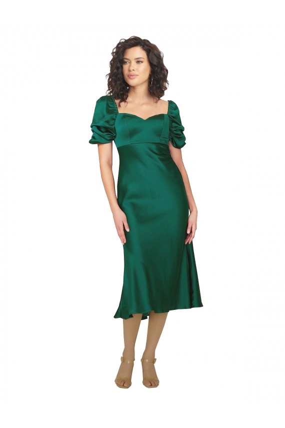 Midi Length Short Sleeves Silky Satin Hunter A-Line Prom Dress Canada Online