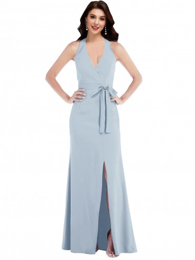 Long Sleeveless Stretch Crepe Light Sky Blue Halter Neck A-Line Prom Dress Canada Online