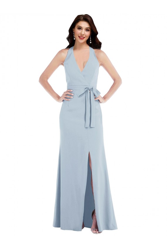 Long Sleeveless Stretch Crepe Light Sky Blue Halter Neck A-Line Prom Dress Canada Online