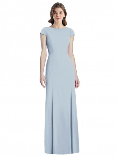 Long Cap Sleeves Stretch Crepe Light Sky Blue Trumpet Open Back Prom Dress Canada Online