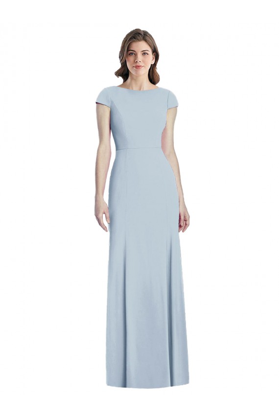 Long Cap Sleeves Stretch Crepe Light Sky Blue Trumpet Open Back Prom Dress Canada Online