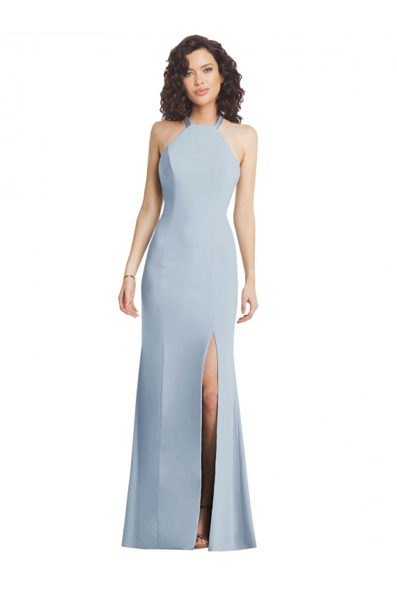 Long Sleeveless Stretch Crepe Light Sky Blue Trumpet High Neck Prom Dress Canada Online