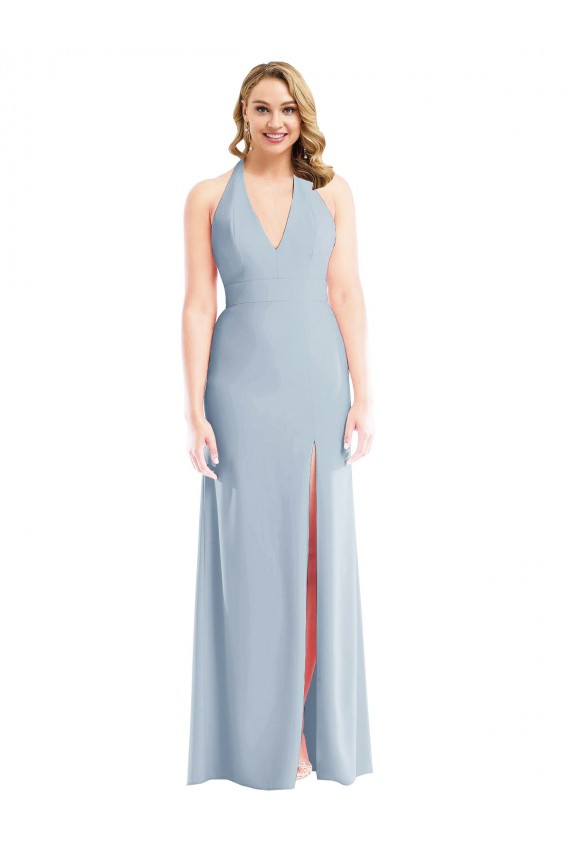 Long Sleeveless Stretch Crepe Light Sky Blue Trumpet Halter Neck Prom Dress Canada Online