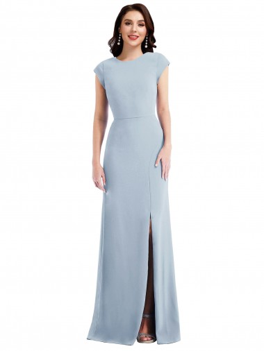 Long Cap Sleeves Stretch Crepe Light Sky Blue Trumpet Prom Dress Canada Online