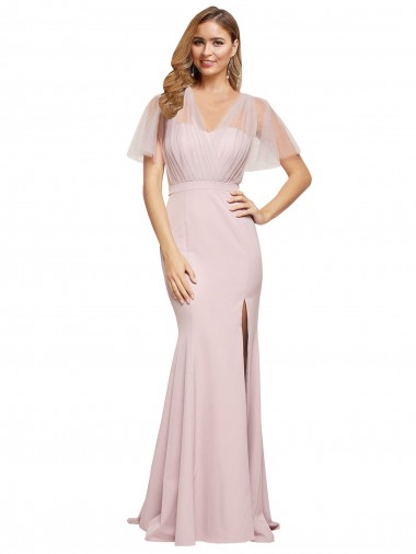 Short Sleeves Long Stretch Crepe & Tulle Mauve Sheath Prom Dress Canada Online