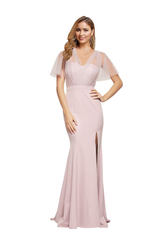 Short Sleeves Long Stretch Crepe & Tulle Mauve Sheath Prom Dress Canada Online