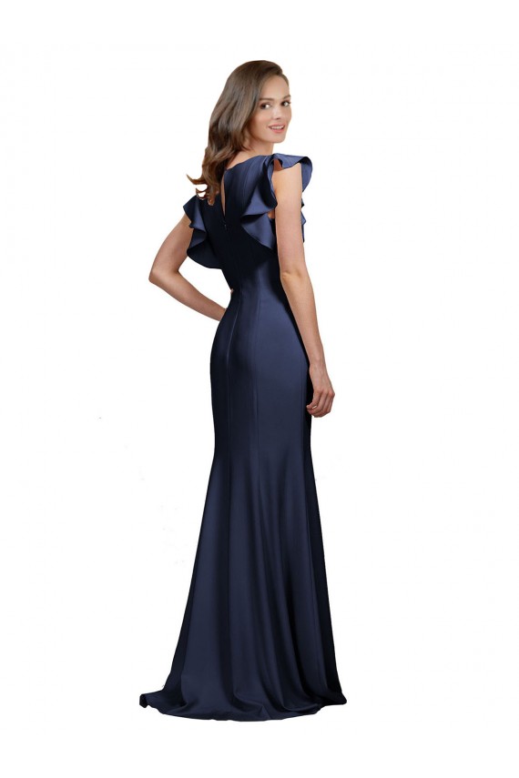 Long Sleeveless Stretch Crepe Dark Navy Mermaid Keyhole Back Prom Dress Canada Online